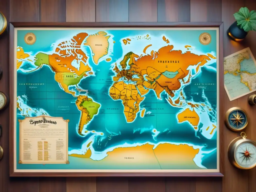 Un antiguo mapa en sepia sobre una mesa de madera, detallando costas, montañas y rosas de los vientos