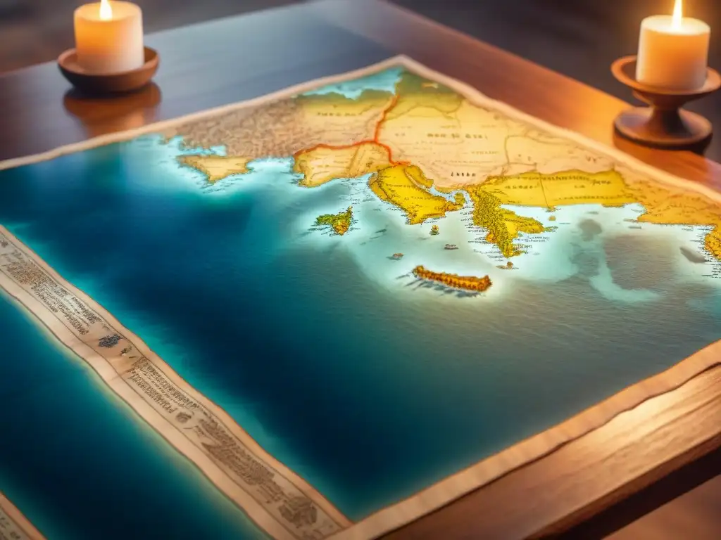 Un antiguo mapa en una mesa de madera iluminado por una vela, con detalles de tierras inexploradas y criaturas marinas