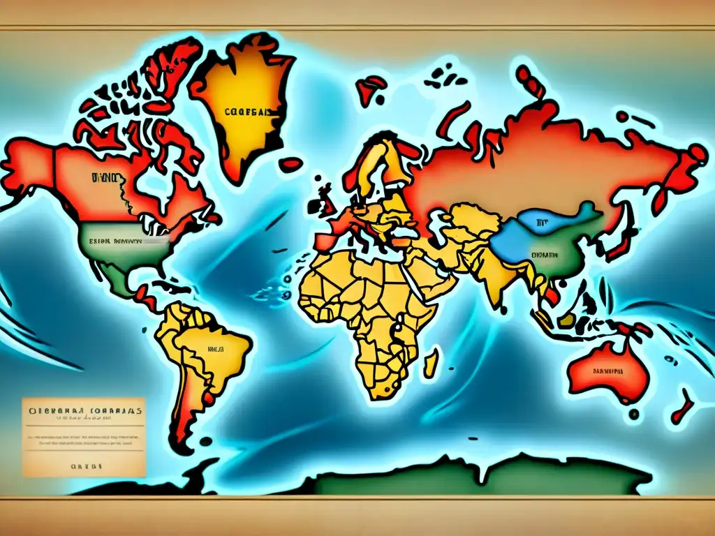 Un antiguo mapa mundial detallado en sepia, con bordes desgastados y papel envejecido, evocando historia y exploración