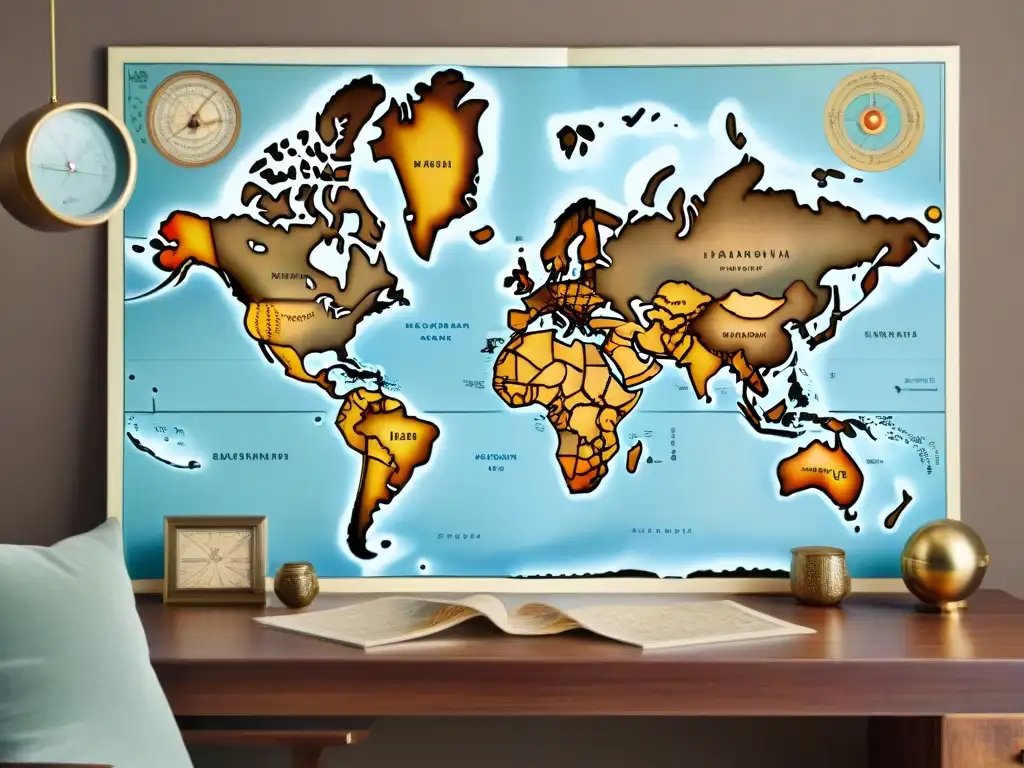 Un antiguo mapa mundial en sepia sobre una mesa de madera, rodeado de instrumentos de navegación clásicos