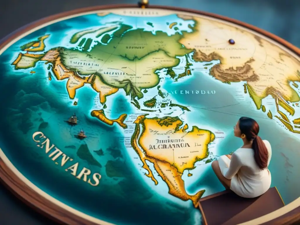 Un antiguo mapa del mundo detalladamente decorado con criaturas míticas y rosas de los vientos, revelando simbolismo oculto en mapas antiguos