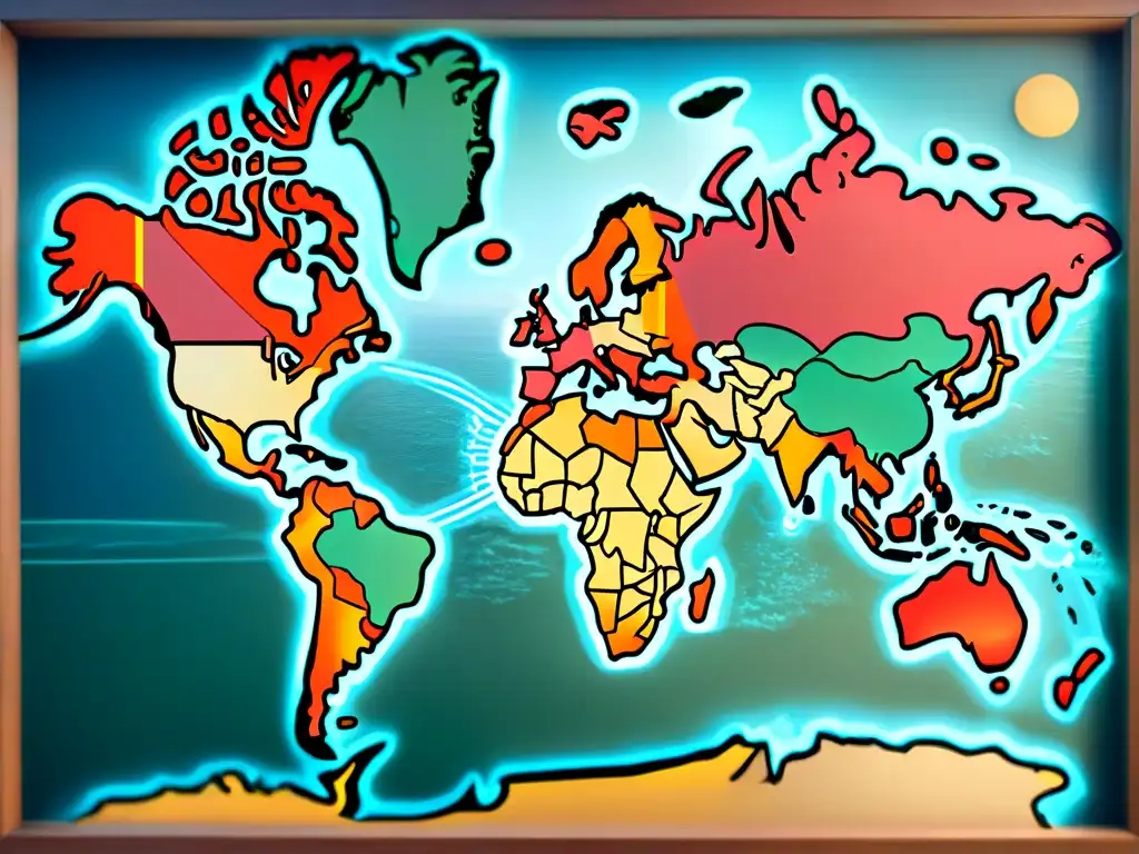 Un antiguo mapa del mundo detallado en sepia, resaltando fronteras políticas y comunidades indígenas