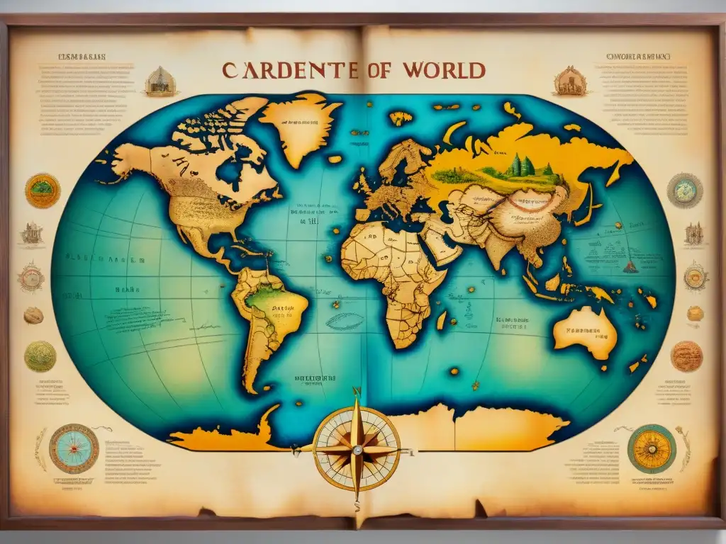 Mapa antiguo detallado: criaturas marinas y tierras exóticas en pergamino Un antiguo mapa del mundo detallado en pergamino amarillento, con criaturas marinas, rosas de los vientos y tierras exóticas