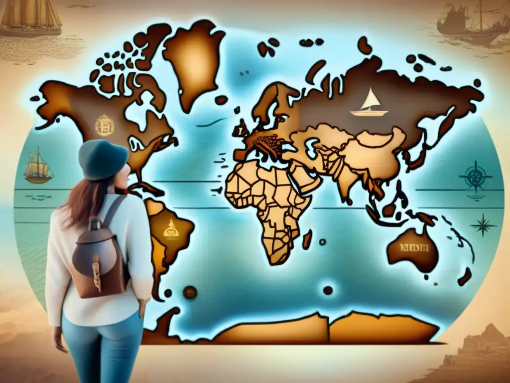 Mapamundi vintage detallado en pergamino envejecido Un antiguo mapa del mundo detallado en pergamino en tonos sepia, evocando historia y exploración con Web Mapping en la evolución