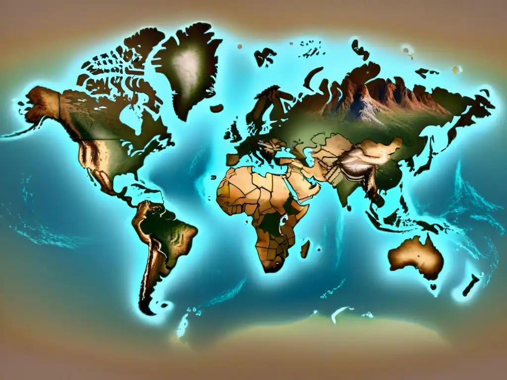 Un antiguo mapa del mundo detallado en tonos sepia, con marcas geográficas antiguas y desgaste que realza su encanto histórico