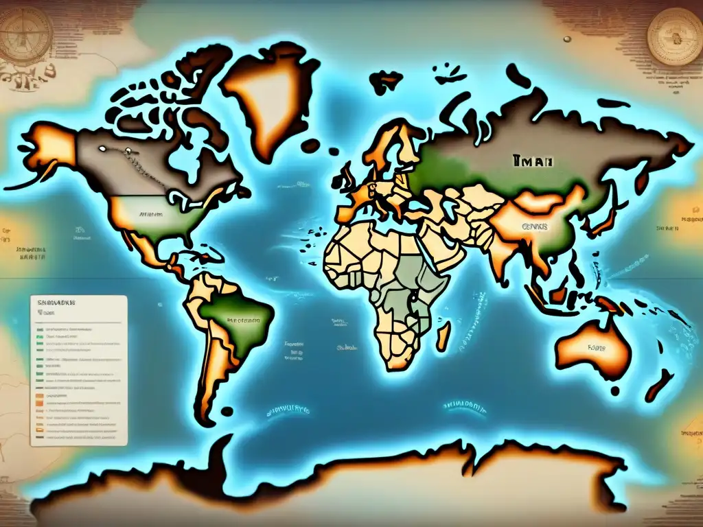 Un antiguo mapa del mundo detallado en sepia con correcciones de IA a errores cartográficos