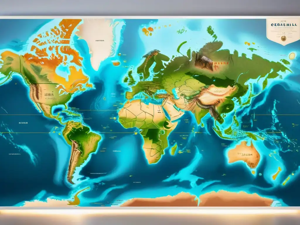 Un antiguo mapa del mundo en sepia detallado con elementos cartográficos y adornos de la enseñanza de la cartografía siglo XXI