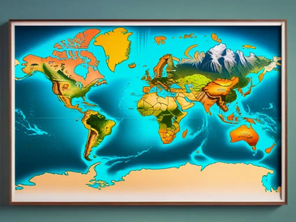 Un antiguo mapa del mundo detalladamente ilustrado en sepia, con criaturas míticas y tierras fantásticas, evocando misterio y exploración literaria