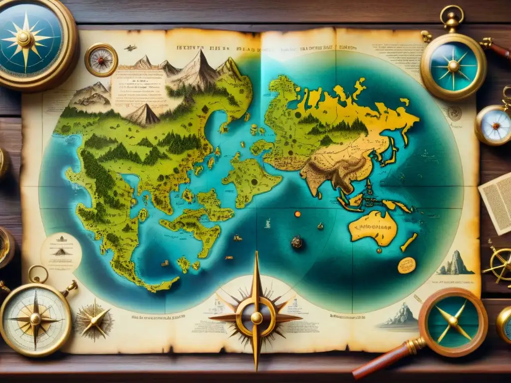 Mapa antiguo en pergamino: descubre la historia y misterios del mundo Un antiguo mapa en pergamino detallado sobre mesa de madera rodeado de brújulas y plumas, evocando la evolución cartografía mapas antiguos