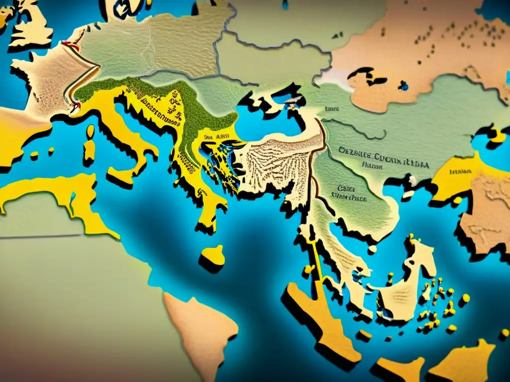 Un antiguo mapa renacentista detallando la Ruta de la Seda, con tonos sepia y ciudades clave en detalle
