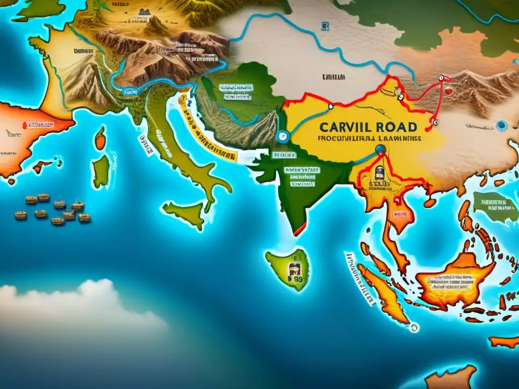 Un antiguo mapa sepia detalla la Ruta de la Seda con caravanas, mercancías y paisajes, resaltando ciudades clave y paisajes