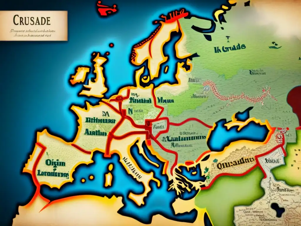 Un antiguo mapa sepia detallando rutas y ubicaciones clave de las Cruzadas, con elementos cartográficos antiguos