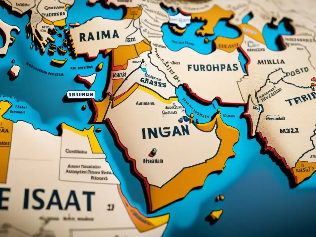 Un antiguo mapa sepia del Medio Oriente resalta territorios históricos, adornado con ilustraciones detalladas y caligrafía