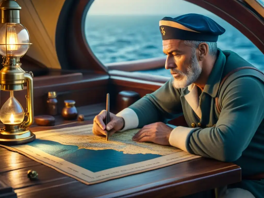 Un antiguo marinero estudia con atención un mapa náutico desgastado en la cubierta de un barco de madera, iluminado por una lámpara de aceite