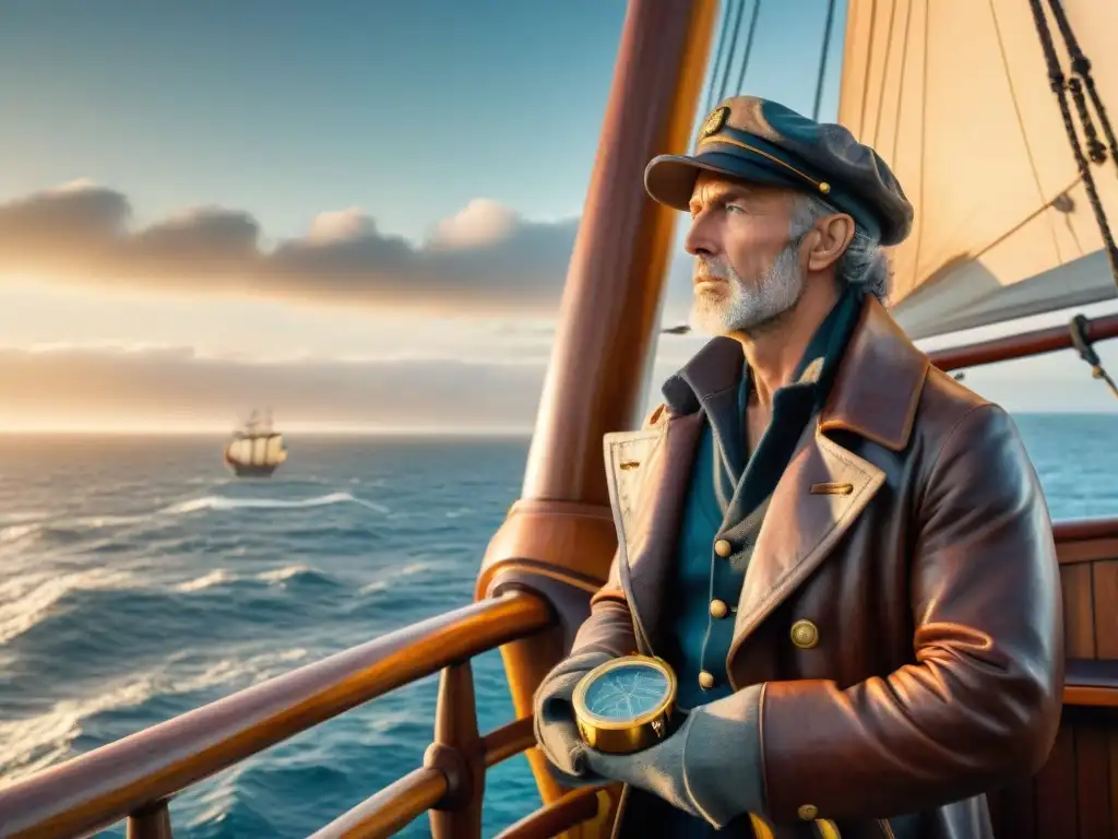 Un antiguo marinero sostiene un octante en un barco de vela rodeado de herramientas de navegación y mapas en sepia, con el horizonte al fondo