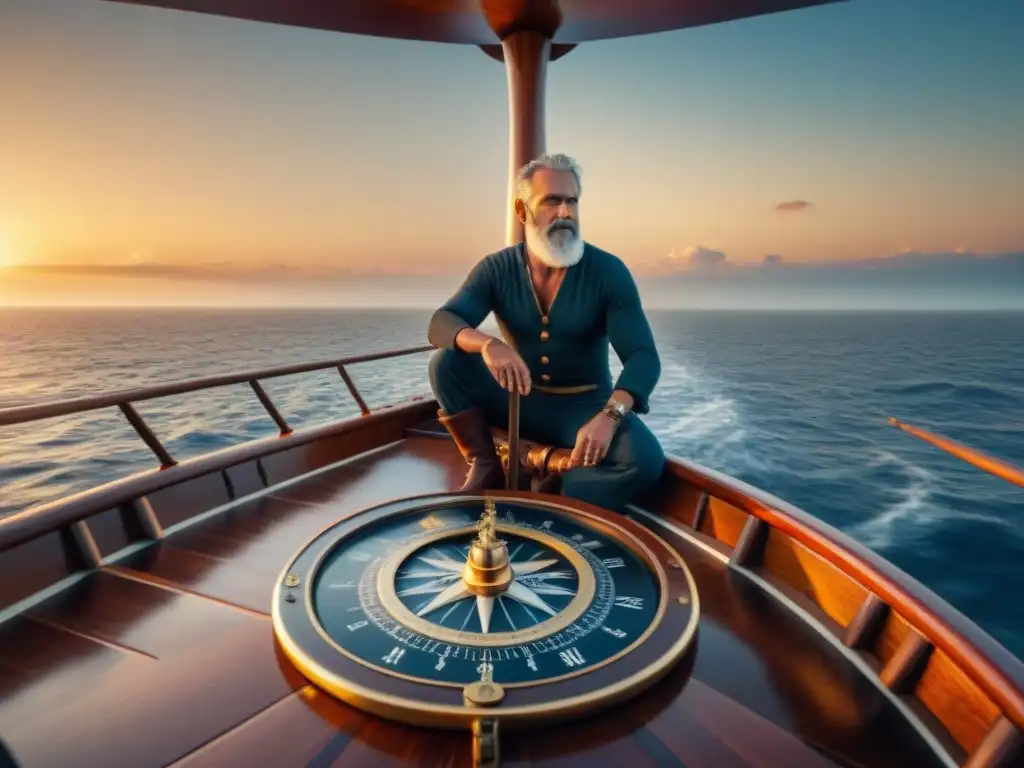 Antiguo marino con un compás de sol en un barco de madera, en el mar al atardecer, historia del compás de sol