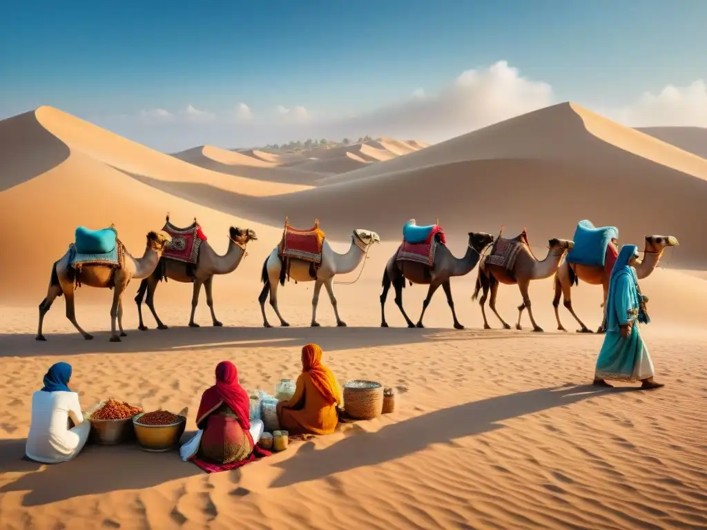 Antiguo mercado en desierto con rutas de caravanas, comerciantes y locales entre dunas bajo cielo azul