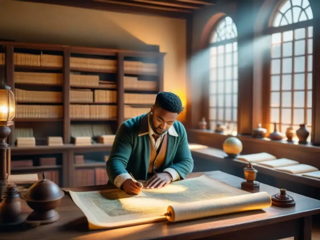 Antiguo taller de cartografía con eruditos dibujando mapas en pergamino con plumas, rodeados de mapas antiguos, pergaminos y un globo terráqueo