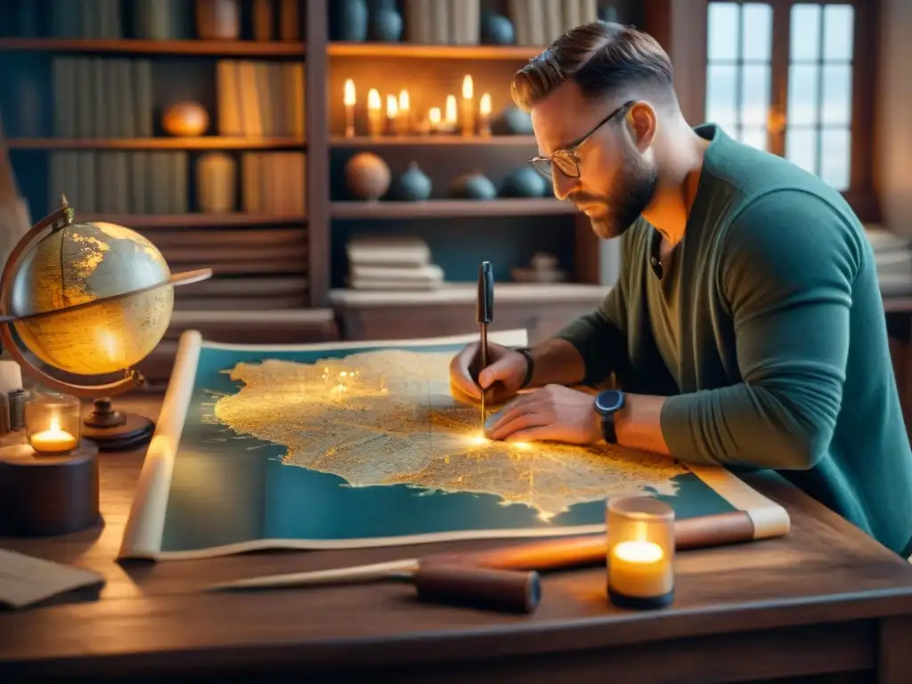 Antiguo taller de mapas con cartógrafos dibujando meticulosamente en pergamino iluminados por velas, evolución cartografía mapas digitales