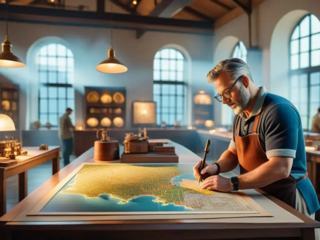 Antiguo taller de mapas con cartógrafos meticulosos trazando mapas detallados a mano, evolución cartografía mapas antiguos