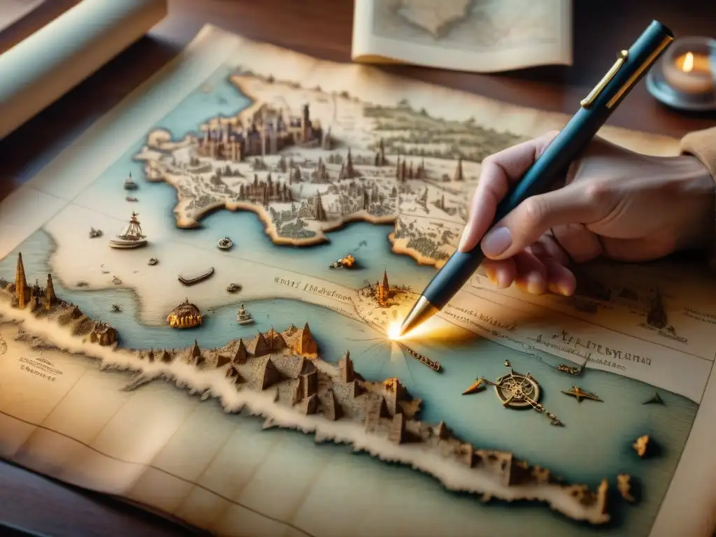 Antiguos cartógrafos trazan mapas detallados en pergamino, rodeados de instrumentos y mapas antiguos