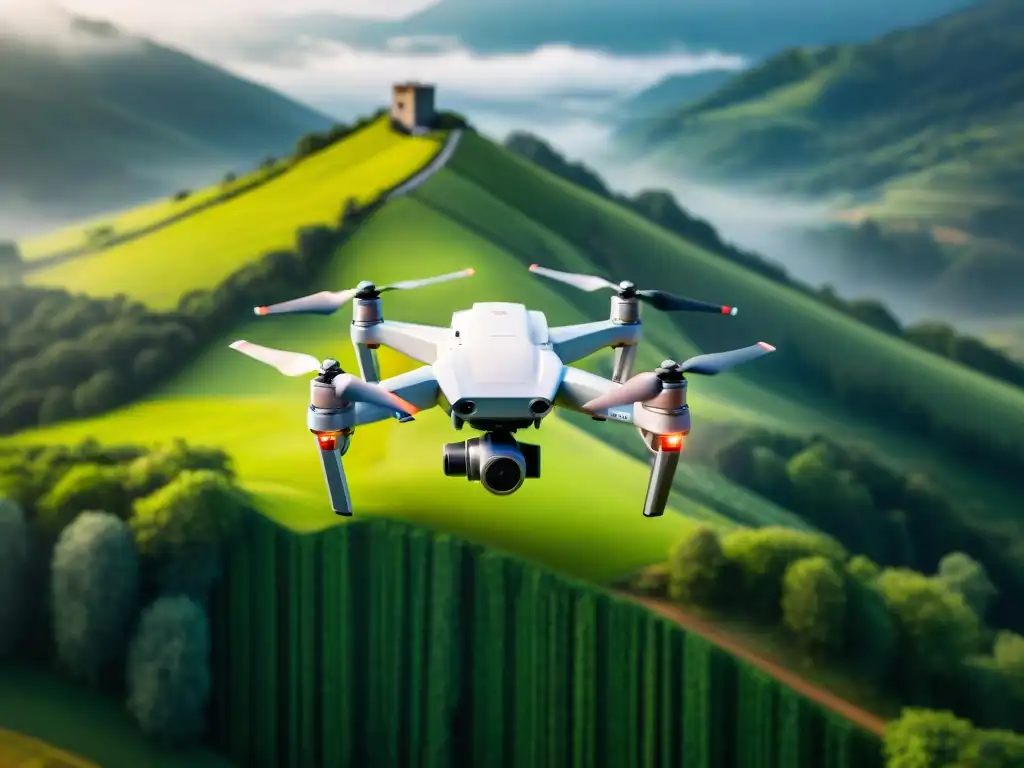 Dron cartográfico avanzado sobre paisaje verde Aplicaciones de drones en cartografía: Drone avanzado sobrevuela paisaje verde capturando datos topográficos en tiempo real