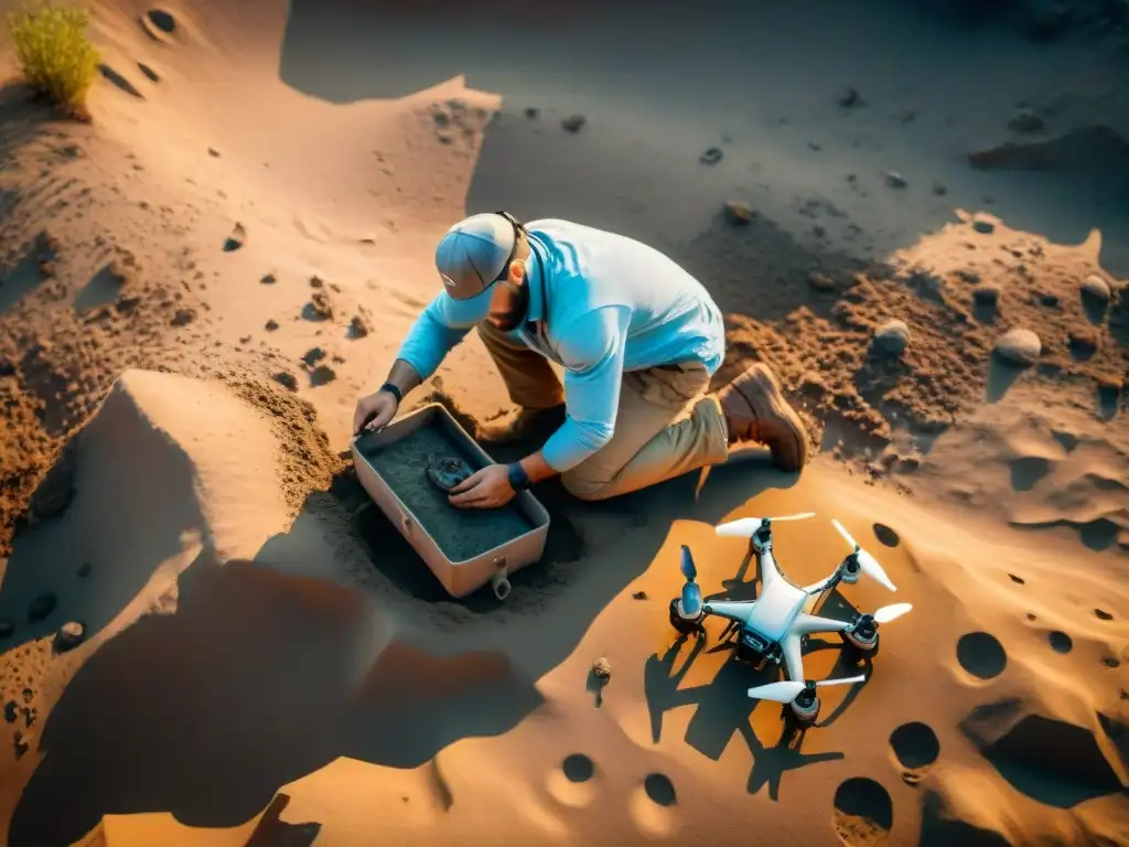 Arqueólogo excavando con herramientas antiguas, mientras un dron sobrevuela la escena