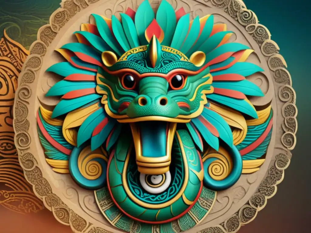 Un arte sepia detallado que fusiona a Quetzalcóatl con mapas antiguos, reflejando la influencia cartográfica en la cultura mesoamericana