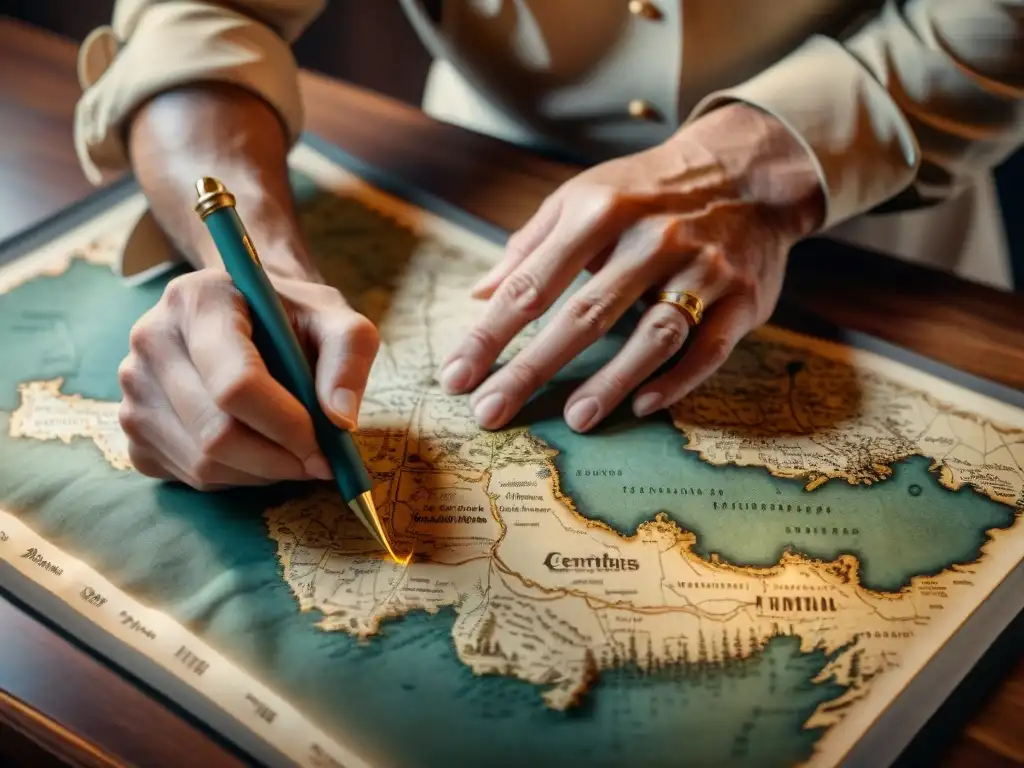 Hábil artesano restaurando un mapa antiguo con detalle, preservando su historia