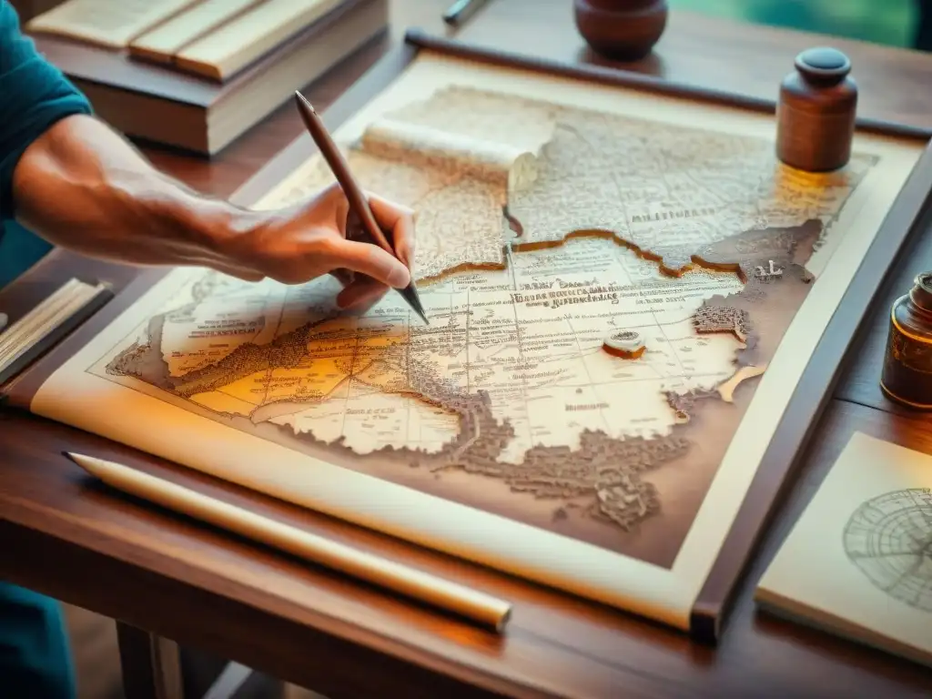 Artesanos hábiles trazando mapas en un taller de cartografía histórica