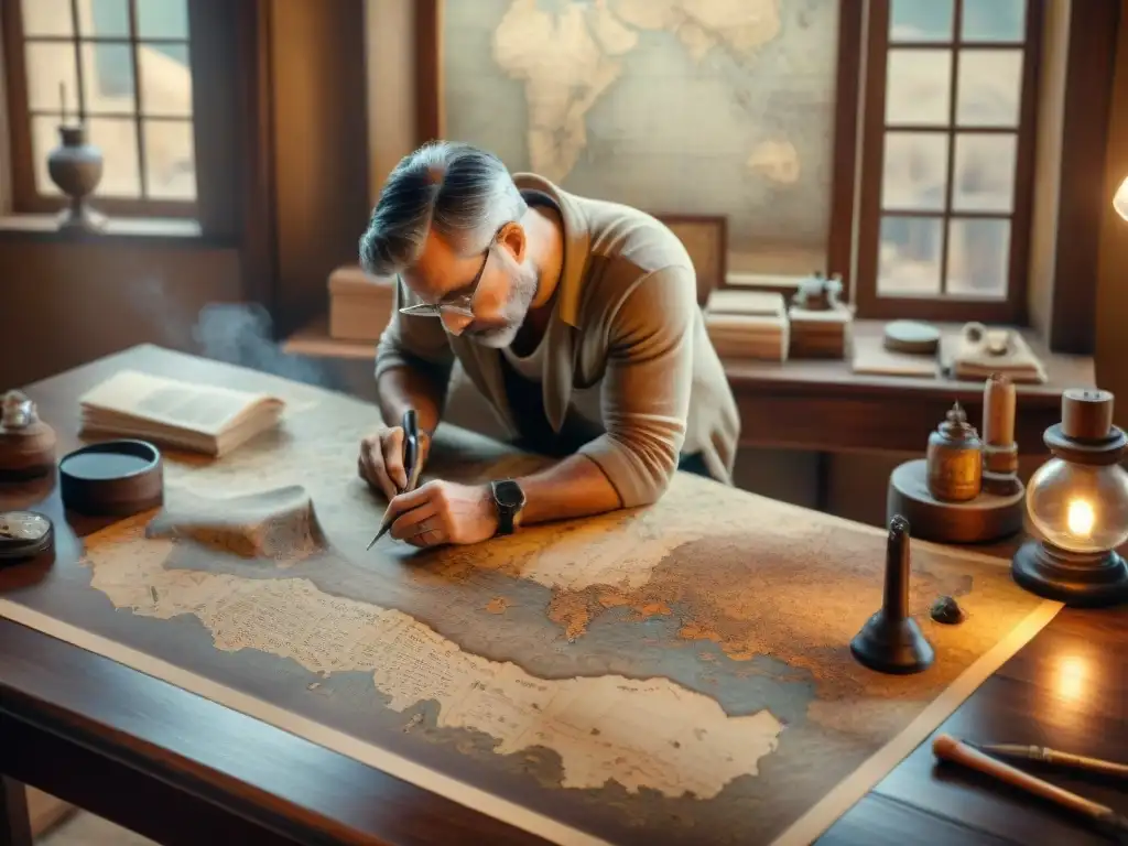 Un artista restaurando con precisión un antiguo mapa rodeado de herramientas