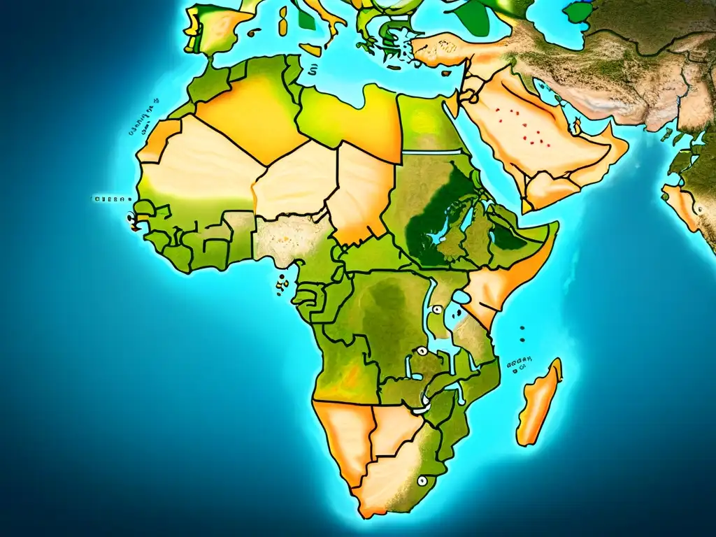 Una asombrosa representación cartográfica de África en el siglo XVI, detallando costas, ríos y vida salvaje con ilustraciones intrincadas