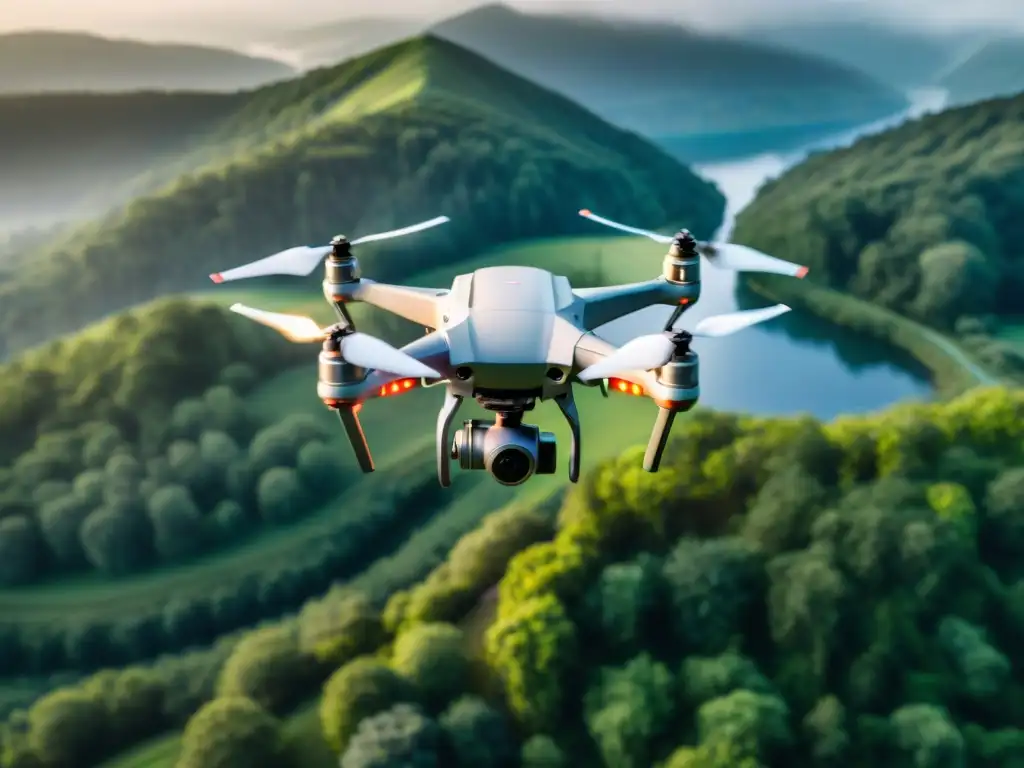 Avance tecnológico en cartografía digital: Drone captura datos topográficos en paisaje natural al atardecer