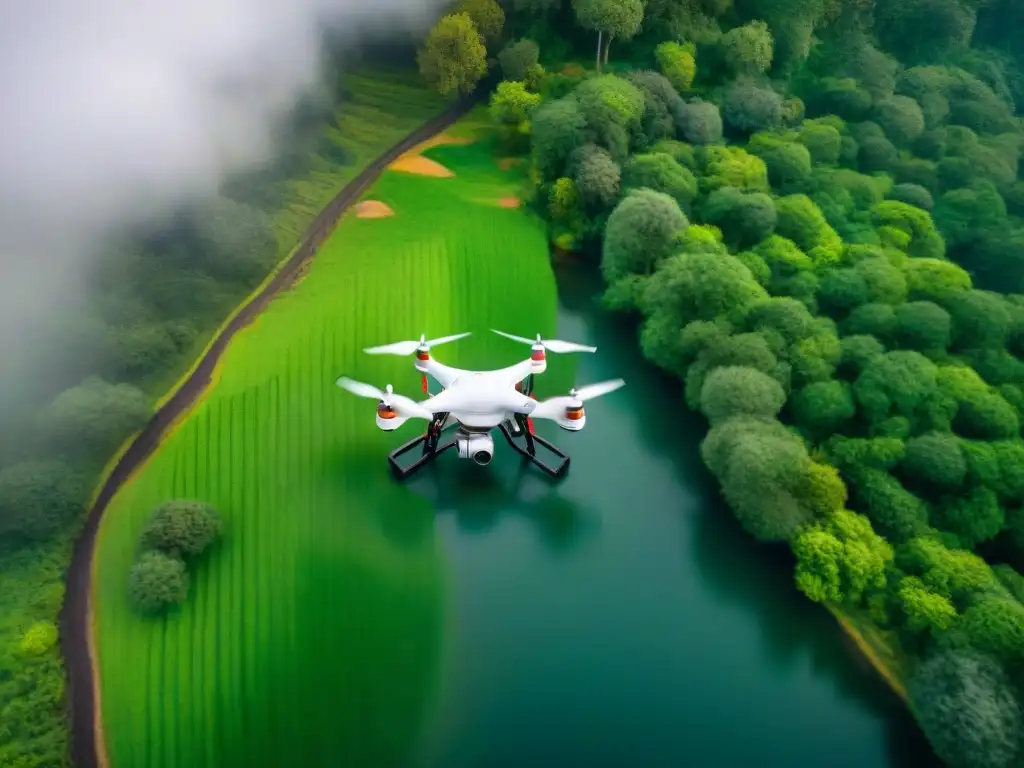 Avances tecnológicos en cartografía digital: Drones volando sobre paisaje verde capturando datos con precisión