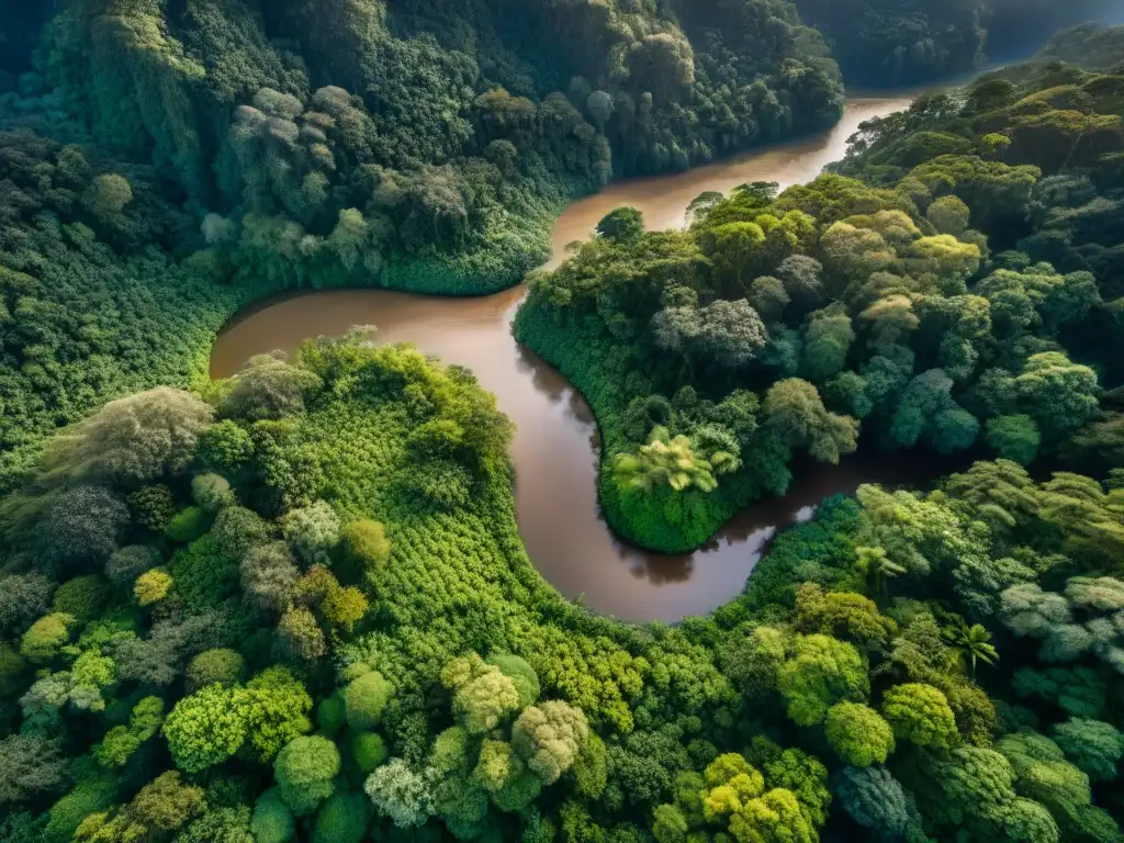 Cartografía avanzada para conservación ambiental: Vista aérea de una exuberante selva tropical con ríos serpenteantes y luz filtrándose entre el dosel