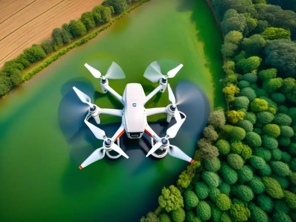 Avanzado dron sobrevolando paisaje verde, tendencias mapeo aéreo drones