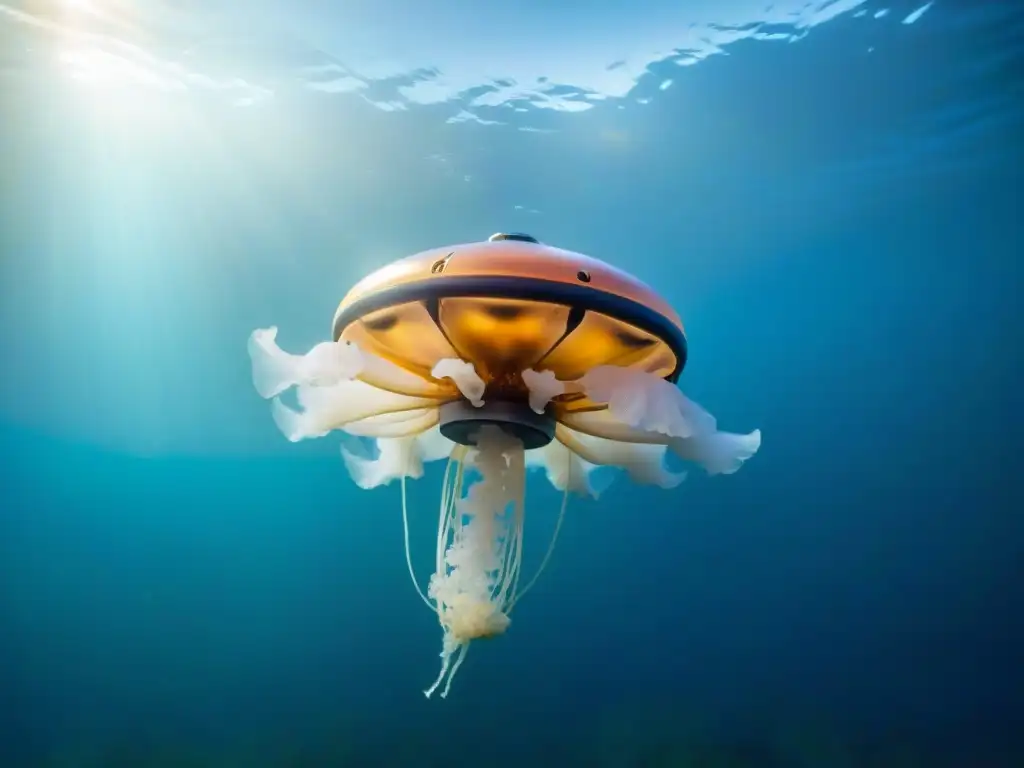 Avanzado drone submarino entre medusas bioluminiscentes, simbolizando la evolución del equipamiento cartografía submarina