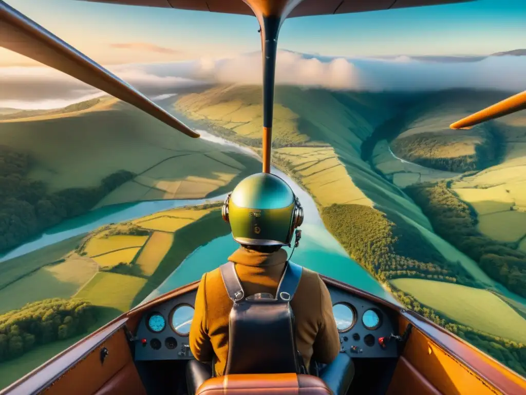 Aviador del siglo XX estudia un mapa en su biplano sobre un paisaje detallado