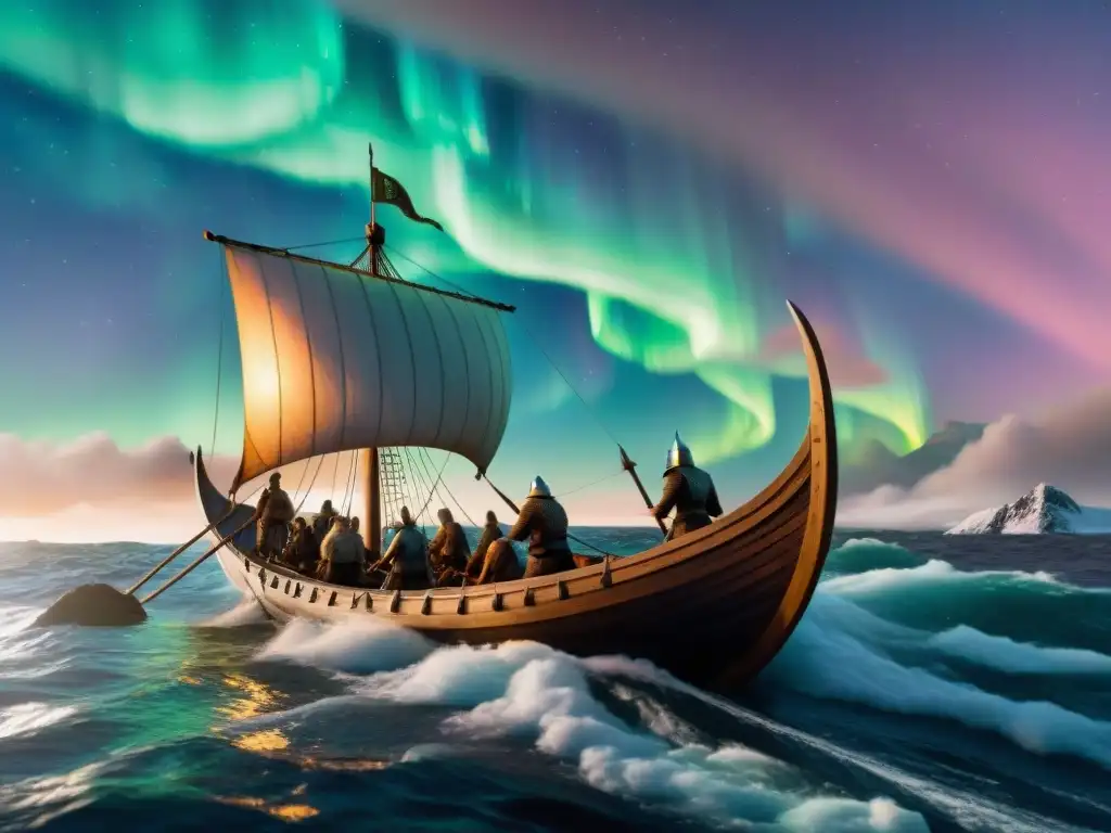 Un barco vikingo navega bajo la aurora boreal en un mar treacherous