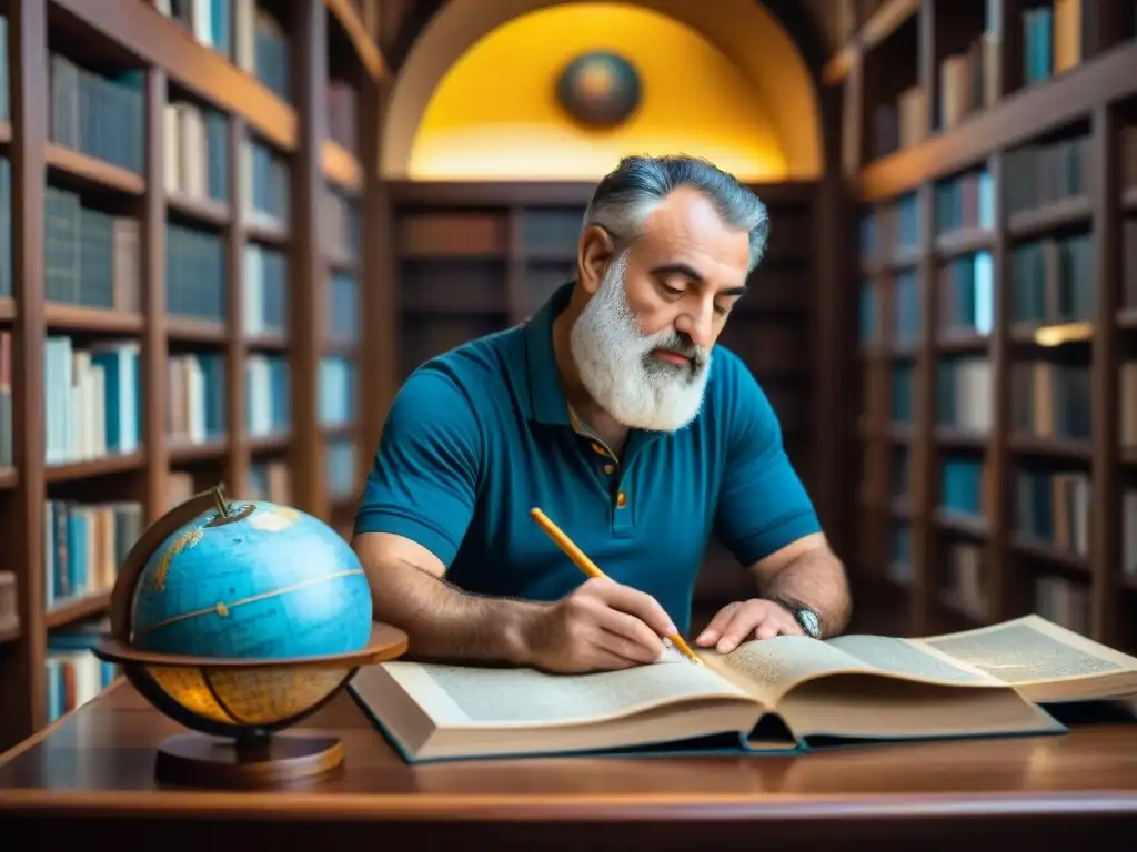 En una biblioteca tenue, Claudius Ptolemy estudia mapas y globos celestes antiguos, reflejando la historia de la cartografía antigua