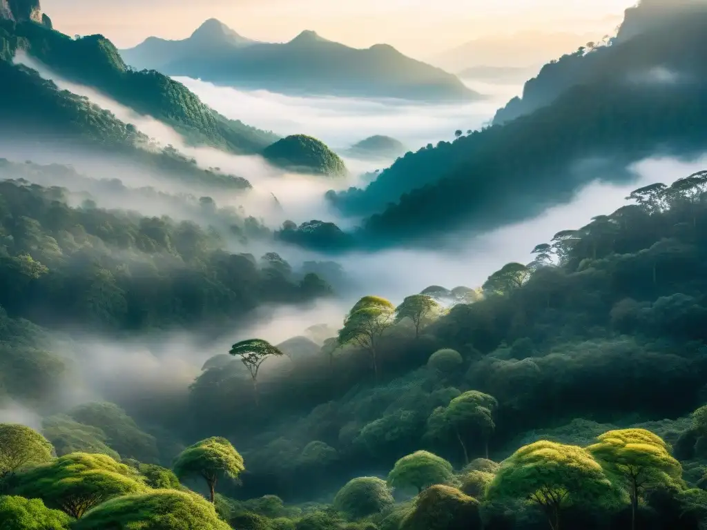 Un bosque antiguo y majestuoso con árboles altos y neblina, resaltando la importancia de los mapas en áreas protegidas