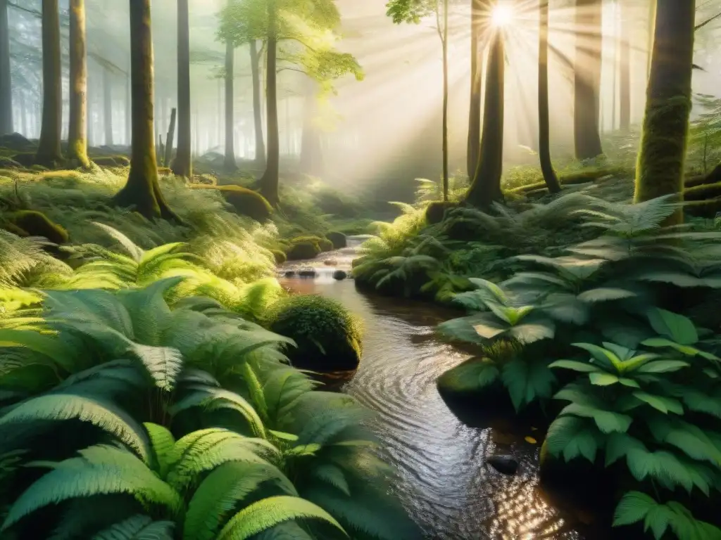 Un bosque exuberante y diverso, iluminado por el sol, refleja la importancia de la cartografía ambiental