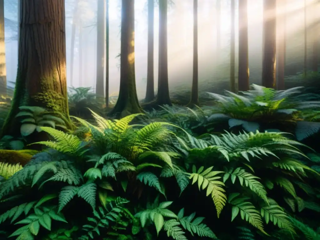 Bosque exuberante con luz filtrada, sombras y diversa vida silvestre