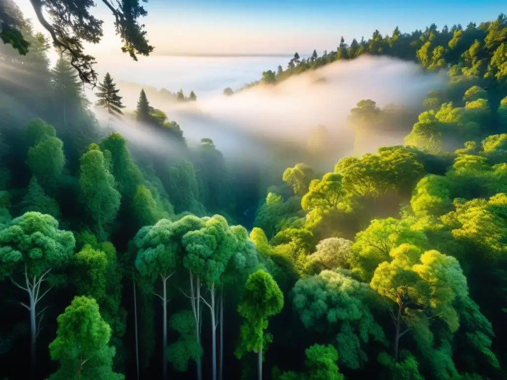 Bosque exuberante con luz del sol entre el dosel resaltando red de árboles y fauna