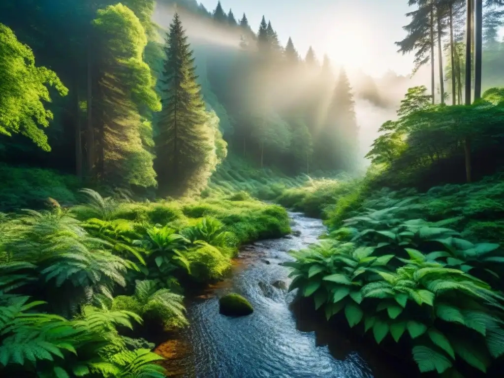 Un bosque exuberante con luz solar filtrándose entre las copas, reflejando en un arroyo cristalino