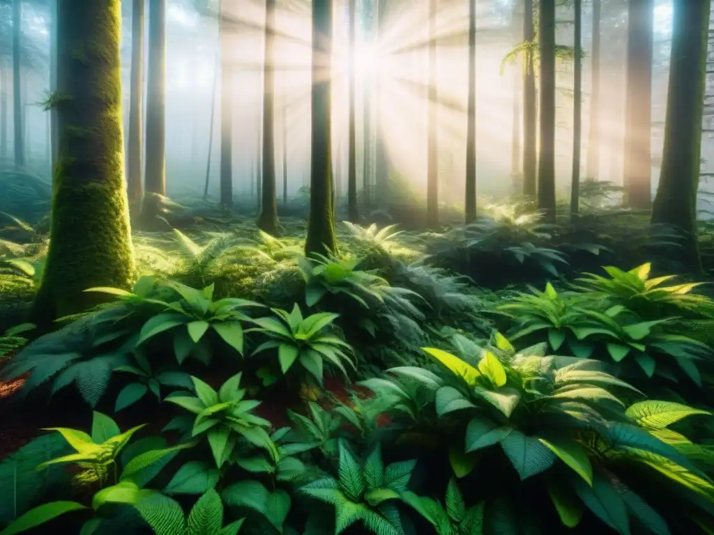 Un bosque exuberante con luz solar filtrándose a través del dosel, destacando la diversidad de especies y la importancia de preservar nuestro entorno