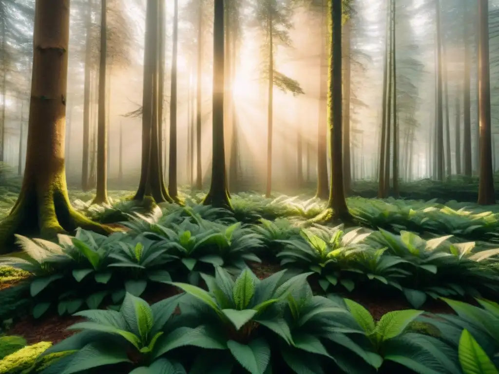 Un bosque exuberante en sepia con rayos de sol filtrándose entre las ramas