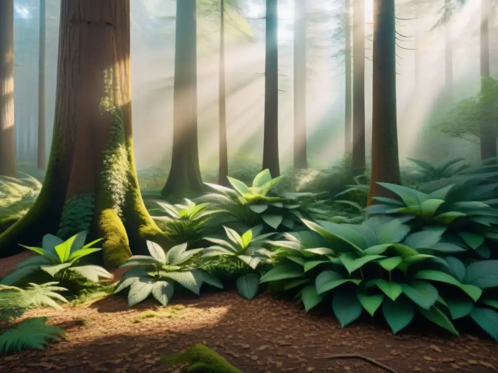 Un bosque exuberante en tonos sepia, con la luz filtrándose entre las hojas