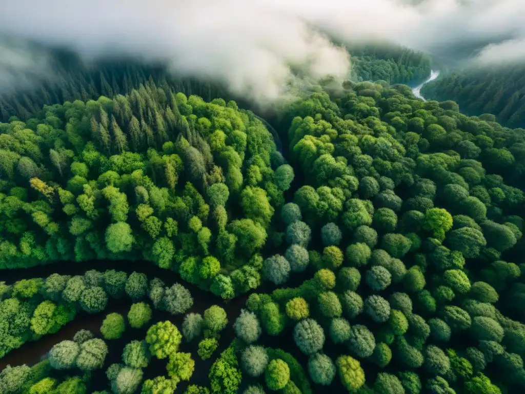 Un bosque exuberante visto desde el aire en tonos sepia, con un río serpenteante y la luz del sol filtrándose entre los árboles