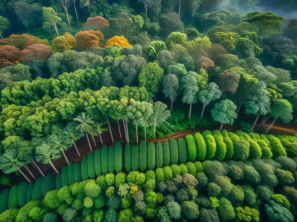 Un bosque exuberante visto desde arriba, con rayos de sol filtrándose entre las hojas